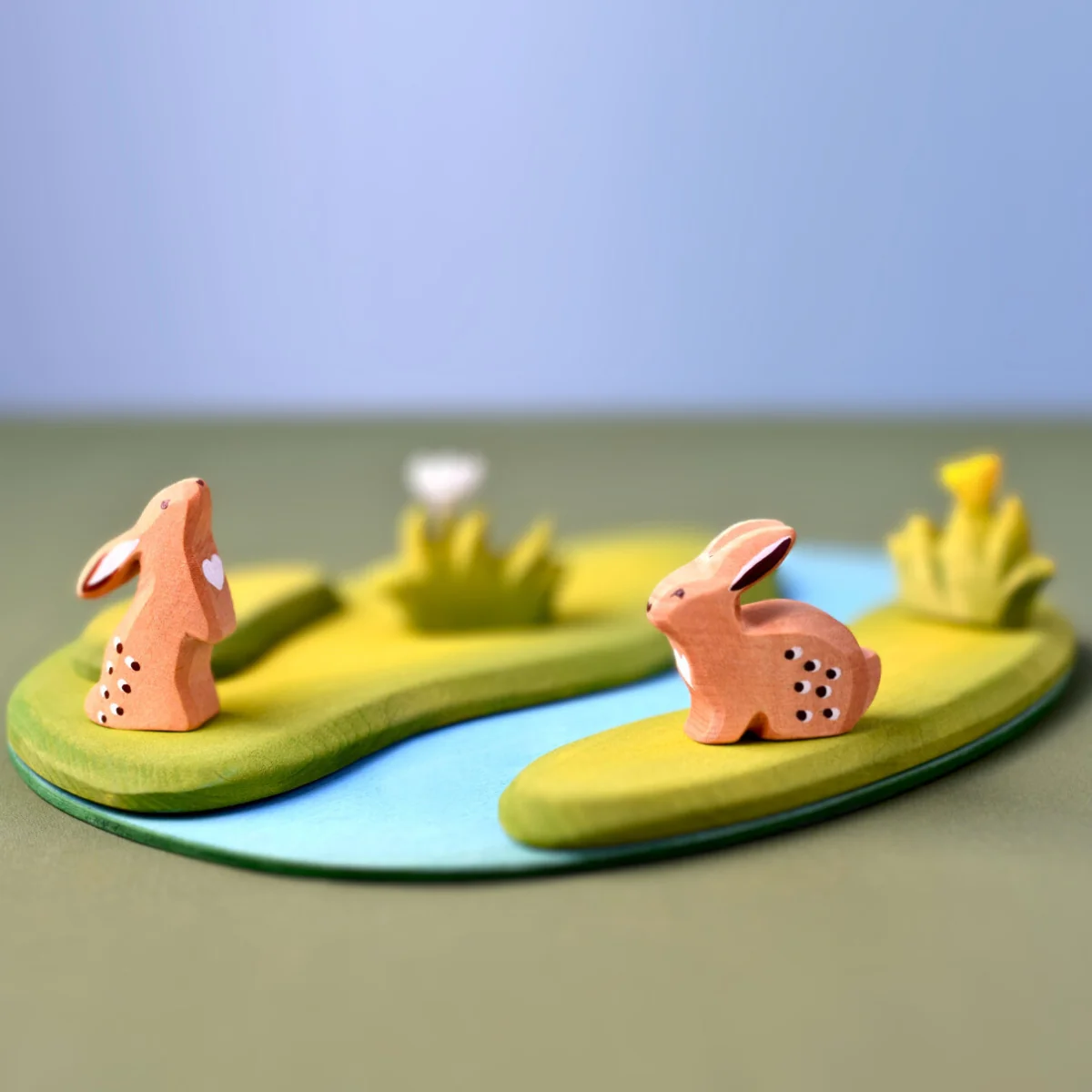 BumbuToys Easter Meadow Wooden Figures - Bunnies, River Plate & Flowers - Set of 5 - Image 3