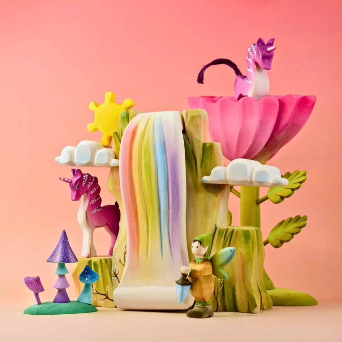 BumbuToys Landscape Wooden Figures - Rainbow Cliff, Waterfall, Sun & Clouds - Set of 5 - Image 2