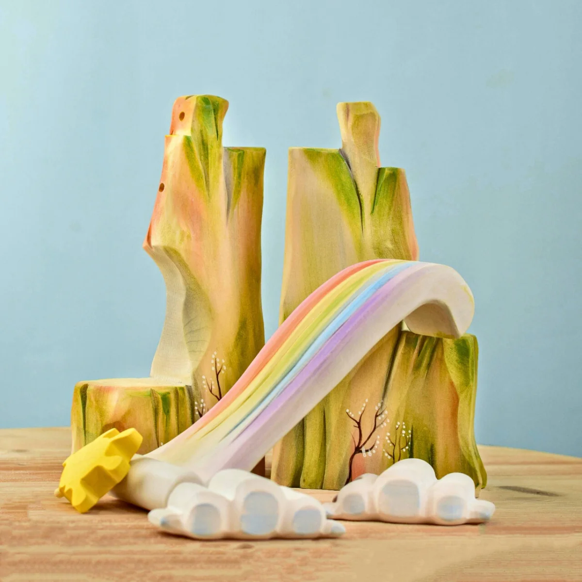 BumbuToys Landscape Wooden Figures - Rainbow Cliff, Waterfall, Sun & Clouds - Set of 5 - Image 3