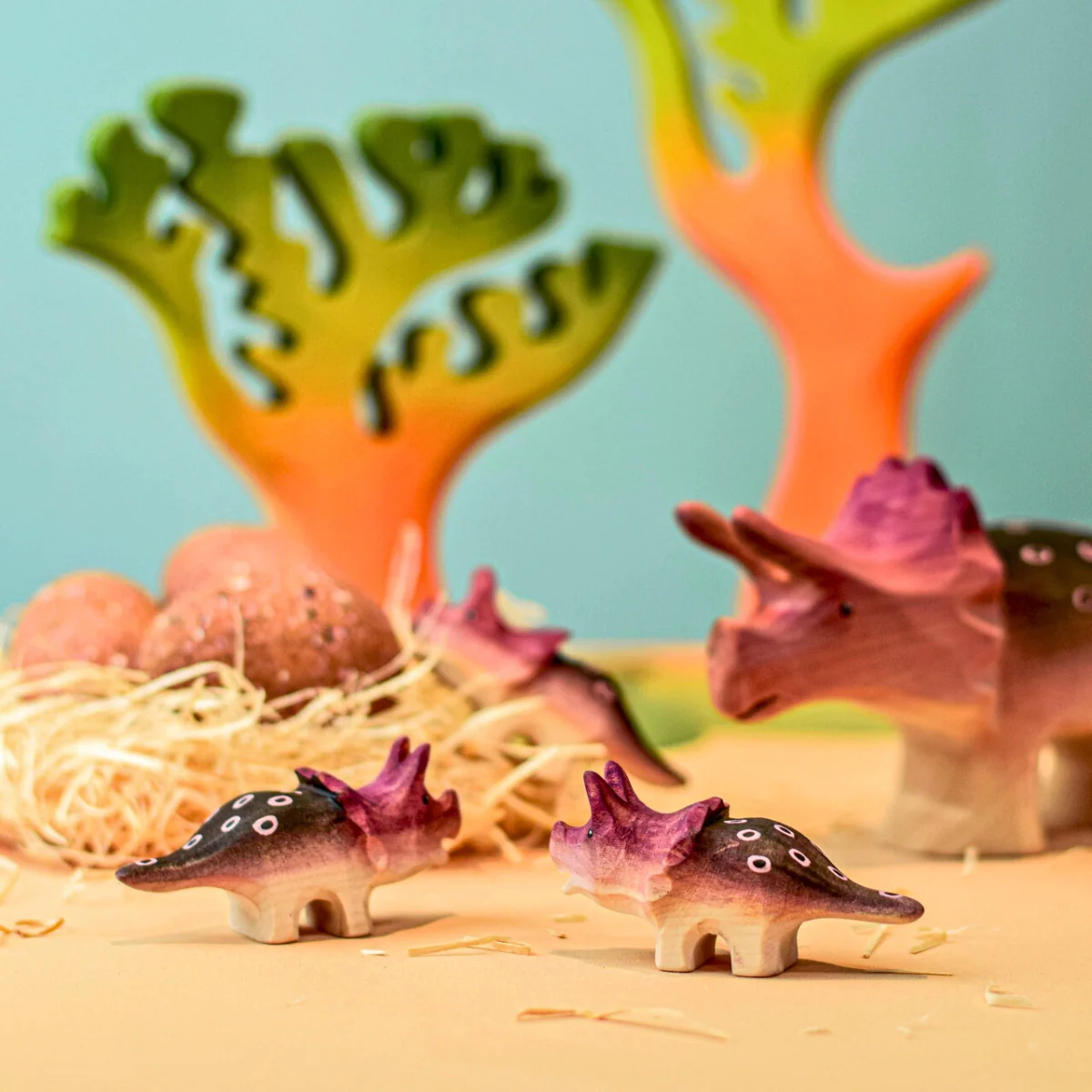 BumbuToys Wooden Dinosaur Eggs - Triceratops - Set of 3 - Image 4