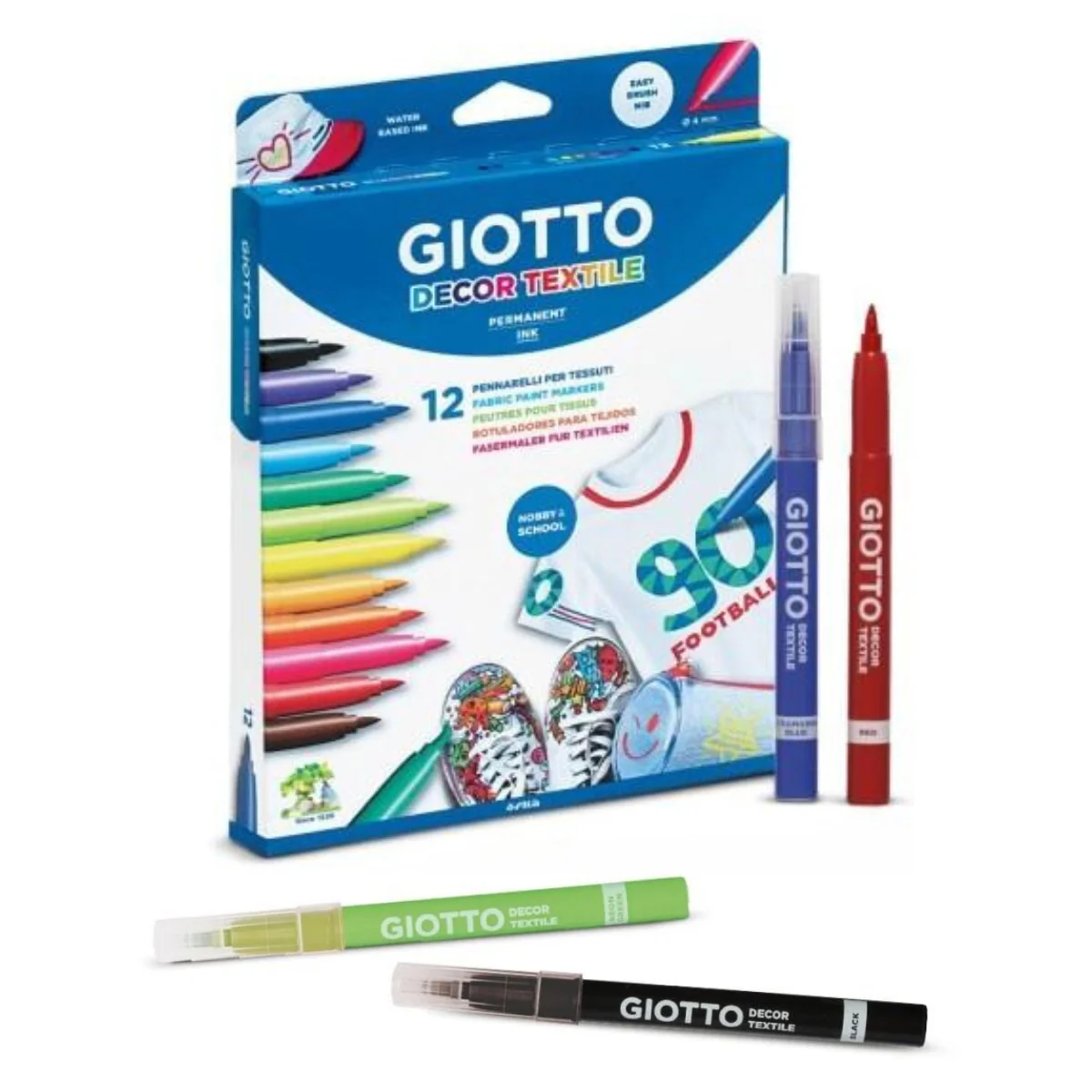 GIOTTO Decor Textile Felt Tip Pens Hangable Cardboard Box - Permanent Ink, 12 Colours