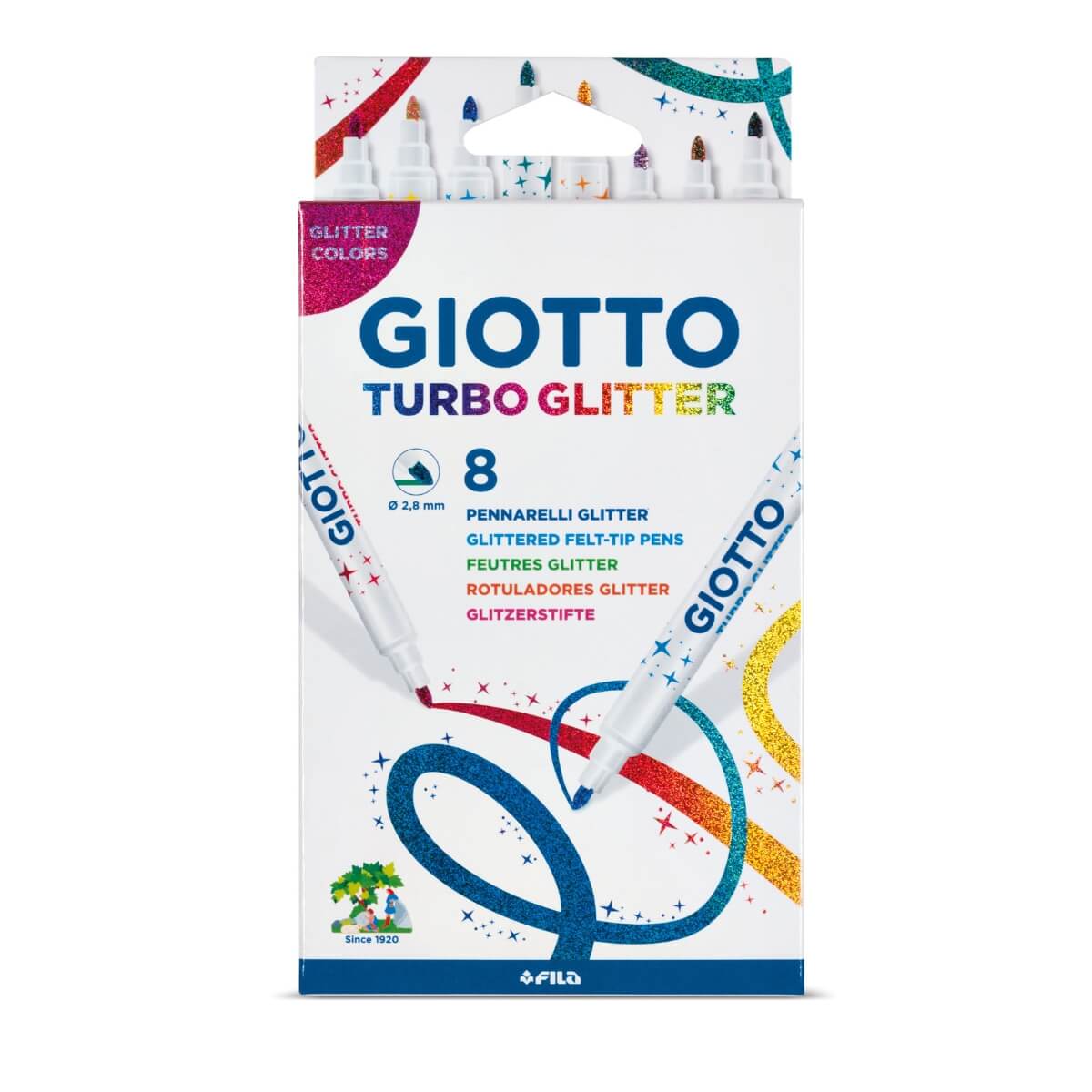GIOTTO Turbo Felt Tip Pens Hangable Cardboard Box - Glitter, 8 Colours
