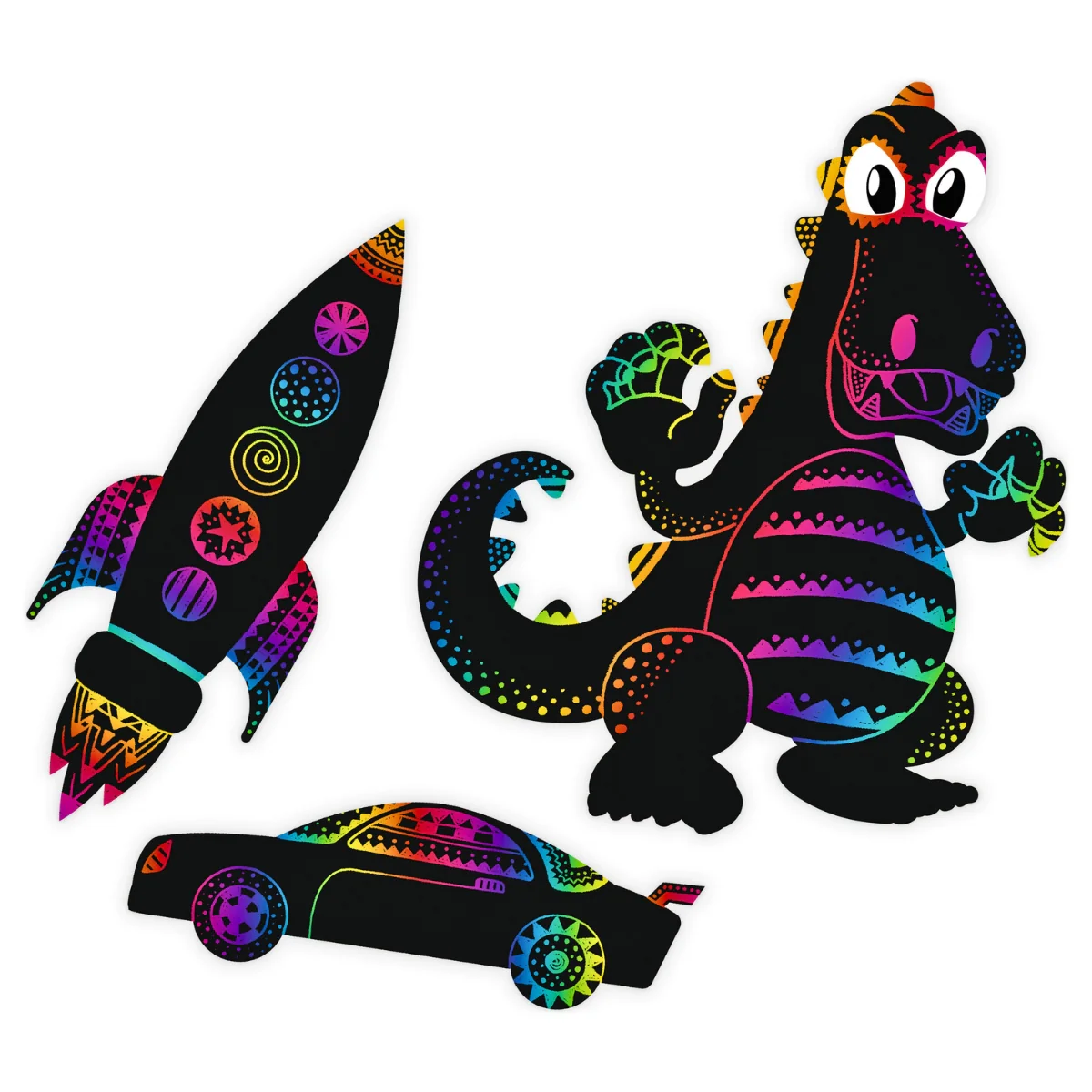 URSUS Scratch Colouring Set of 6 with Sticker Eyes - Dragons & Vehicles